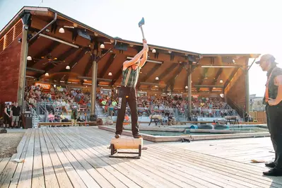 axe chopping during lumberjack show in pigeon forge