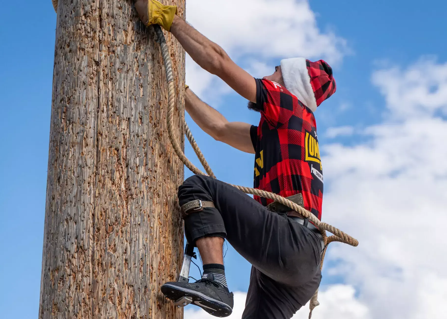 Lumberjack in a speed climbing event